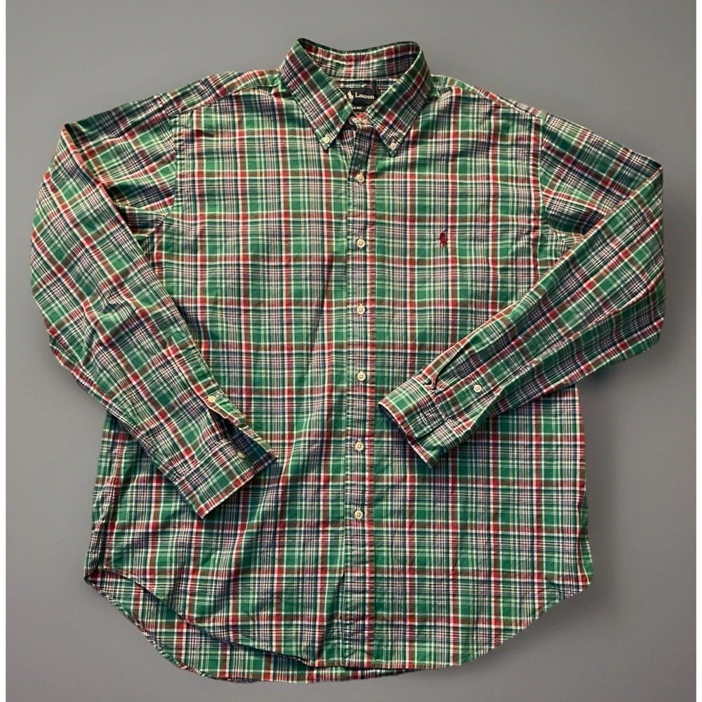 Polo Ralph Lauren Button Down Shirt Green Plaid Embroidered Pony Logo XL JBHS
